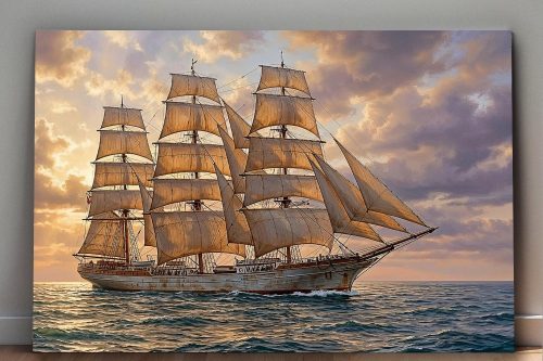 Dreimaster im sanften Abendlicht , Druck auf Leinwand, Segelschiff