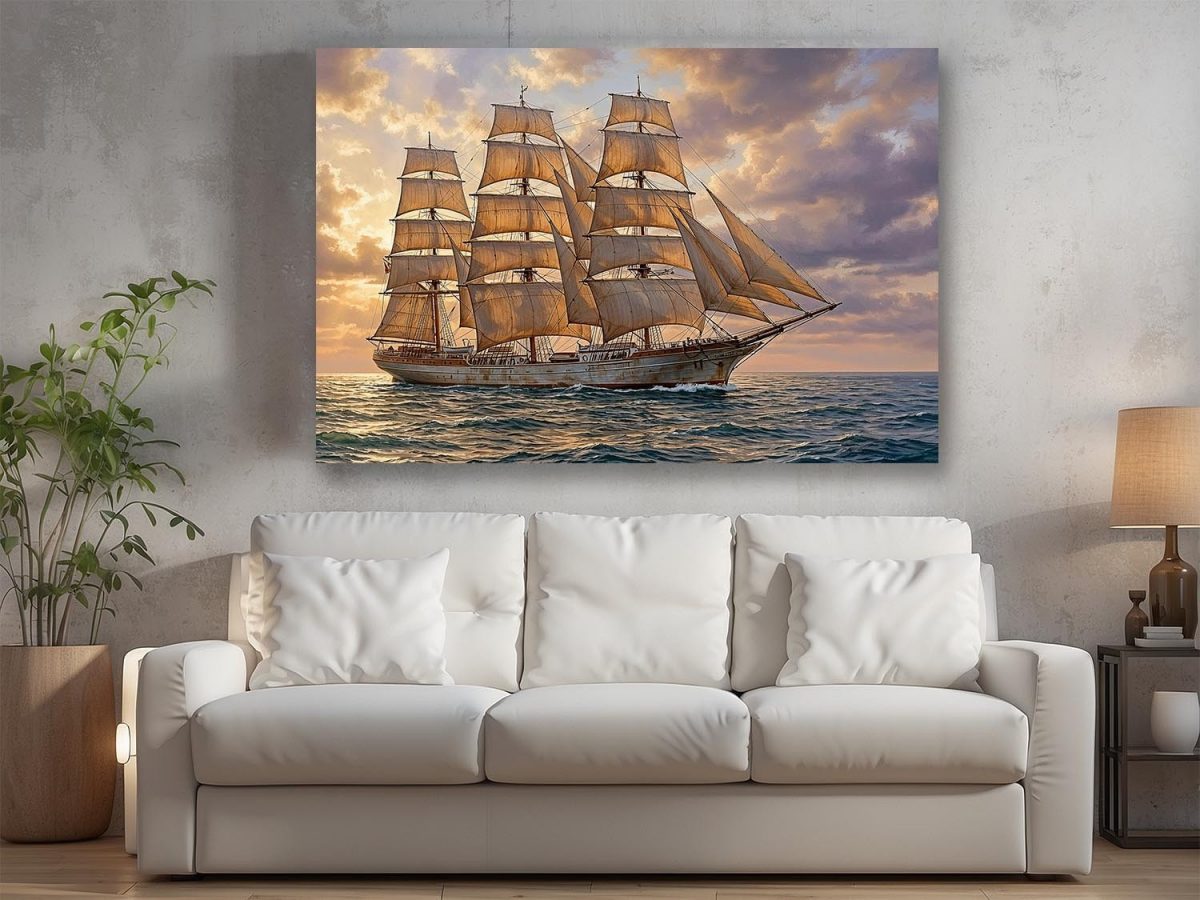 Dreimaster im sanften Abendlicht , Druck auf Leinwand, Segelschiff