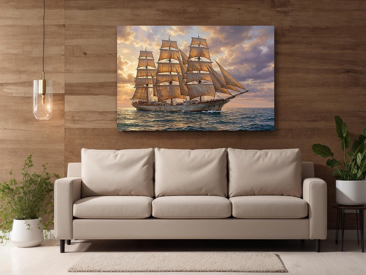 Dreimaster im sanften Abendlicht , Druck auf Leinwand, Segelschiff