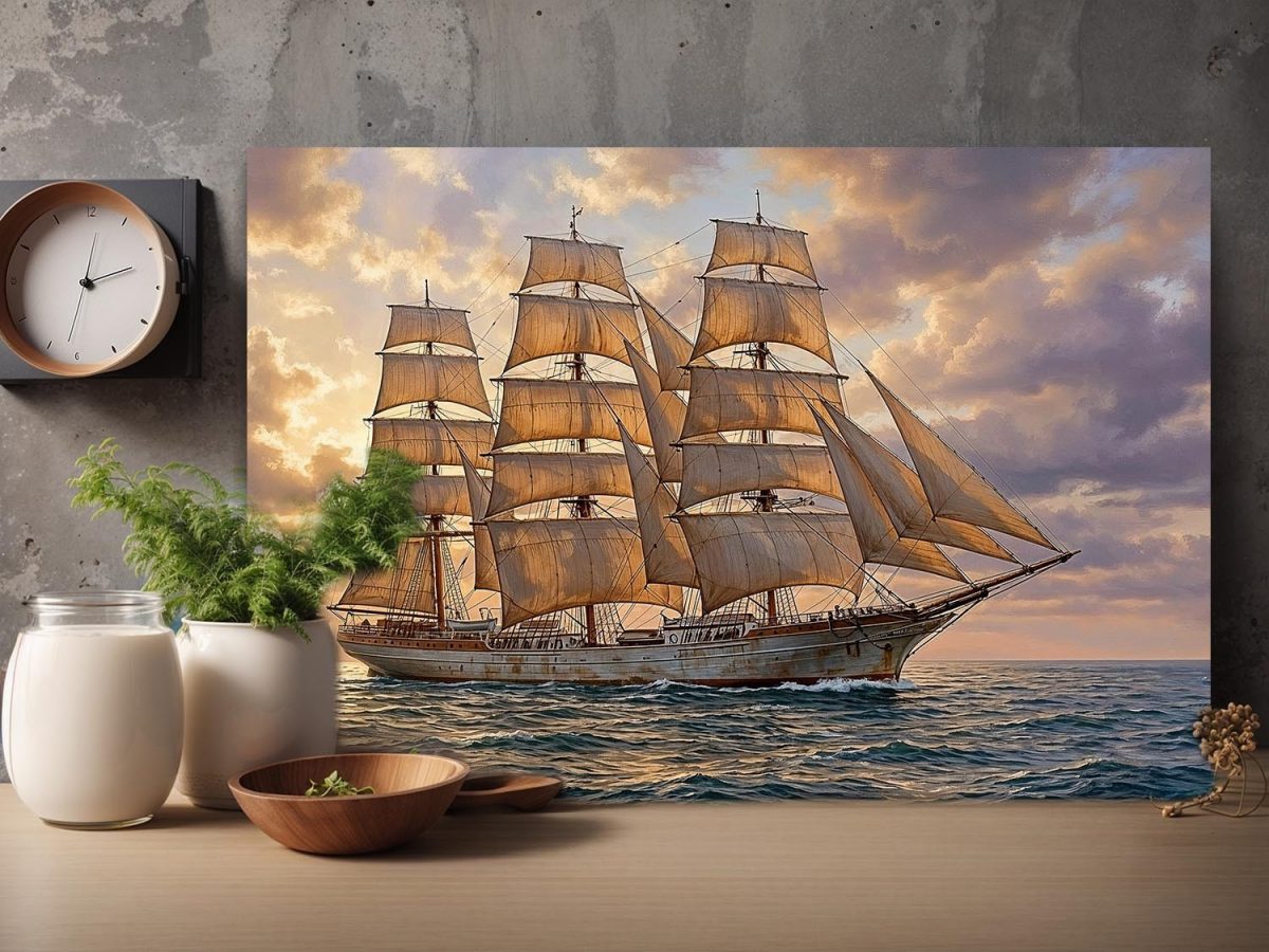 Dreimaster im sanften Abendlicht , Druck auf Leinwand, Segelschiff