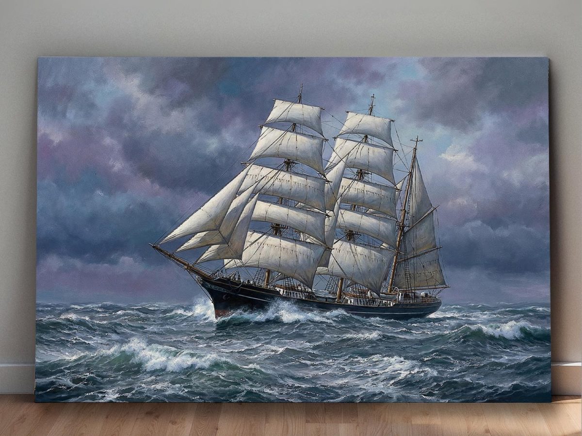 Sturmfahrt des Dreimasters , Druck auf Leinwand, Segelschiff