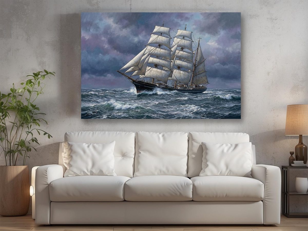 Sturmfahrt des Dreimasters , Druck auf Leinwand, Segelschiff