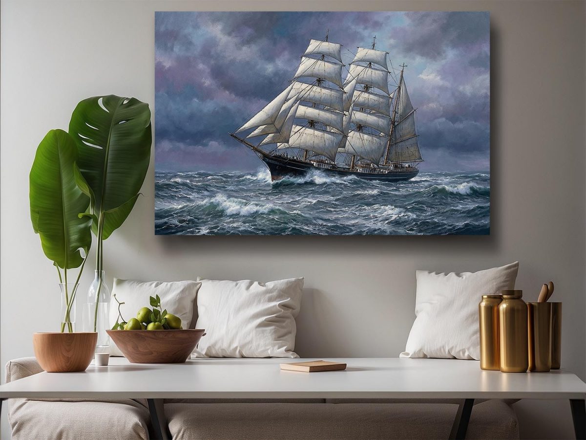 Sturmfahrt des Dreimasters , Druck auf Leinwand, Segelschiff