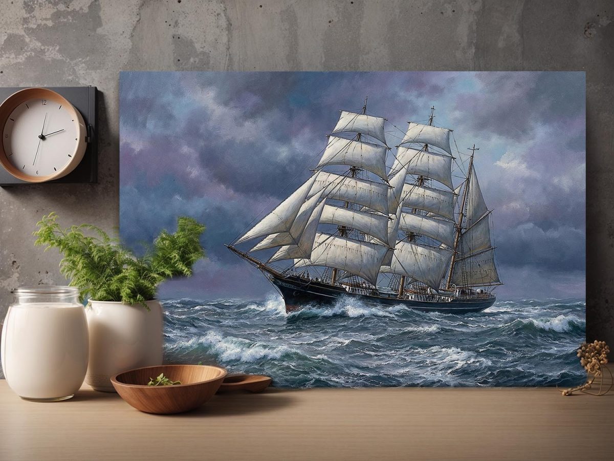 Sturmfahrt des Dreimasters , Druck auf Leinwand, Segelschiff