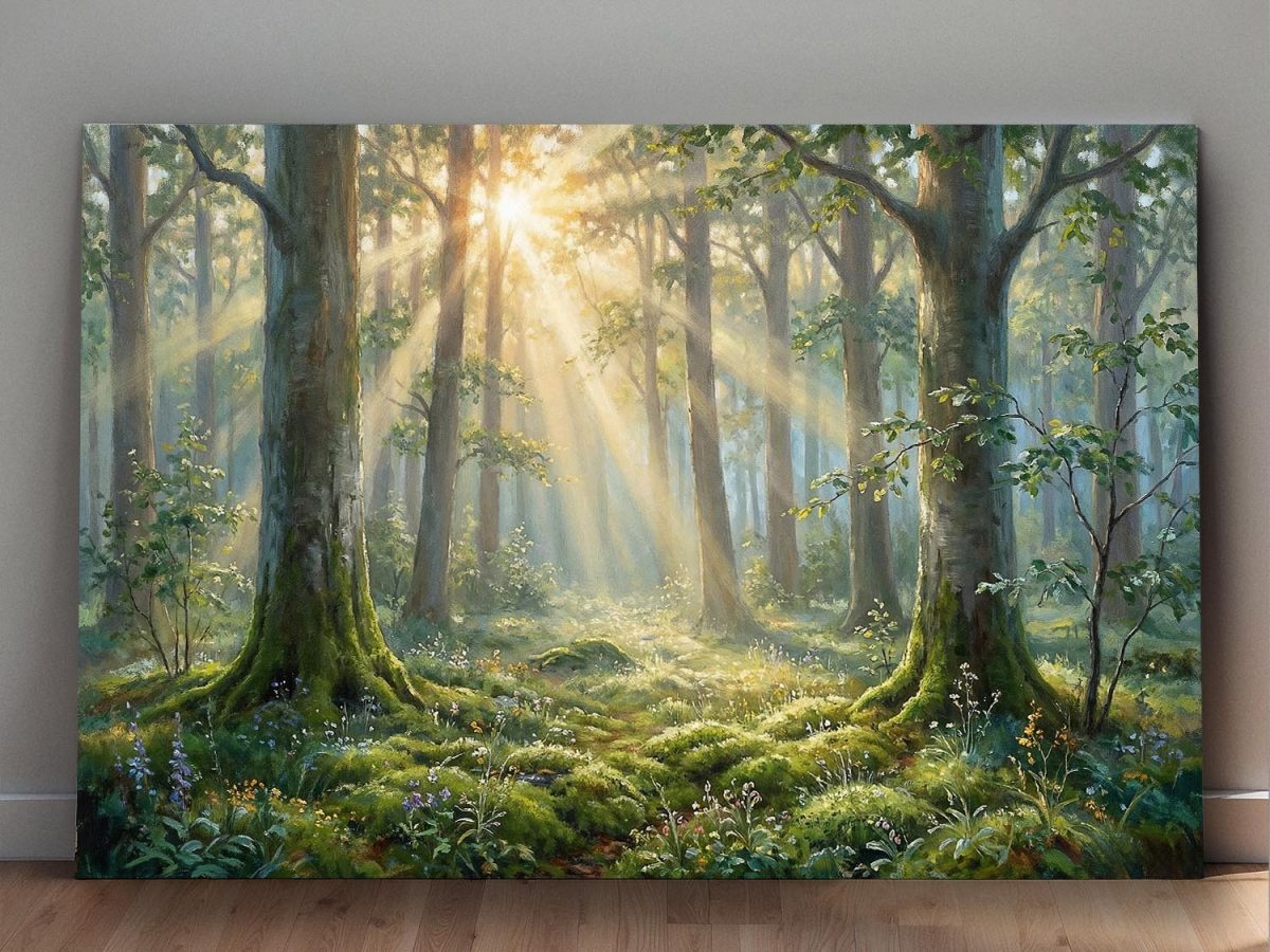 Morgensonne im Wald, Lichtdurchflutetes Bild auf Leinwand