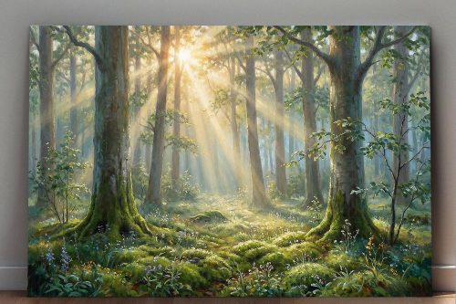 Morgensonne im Wald, Lichtdurchflutetes Bild auf Leinwand