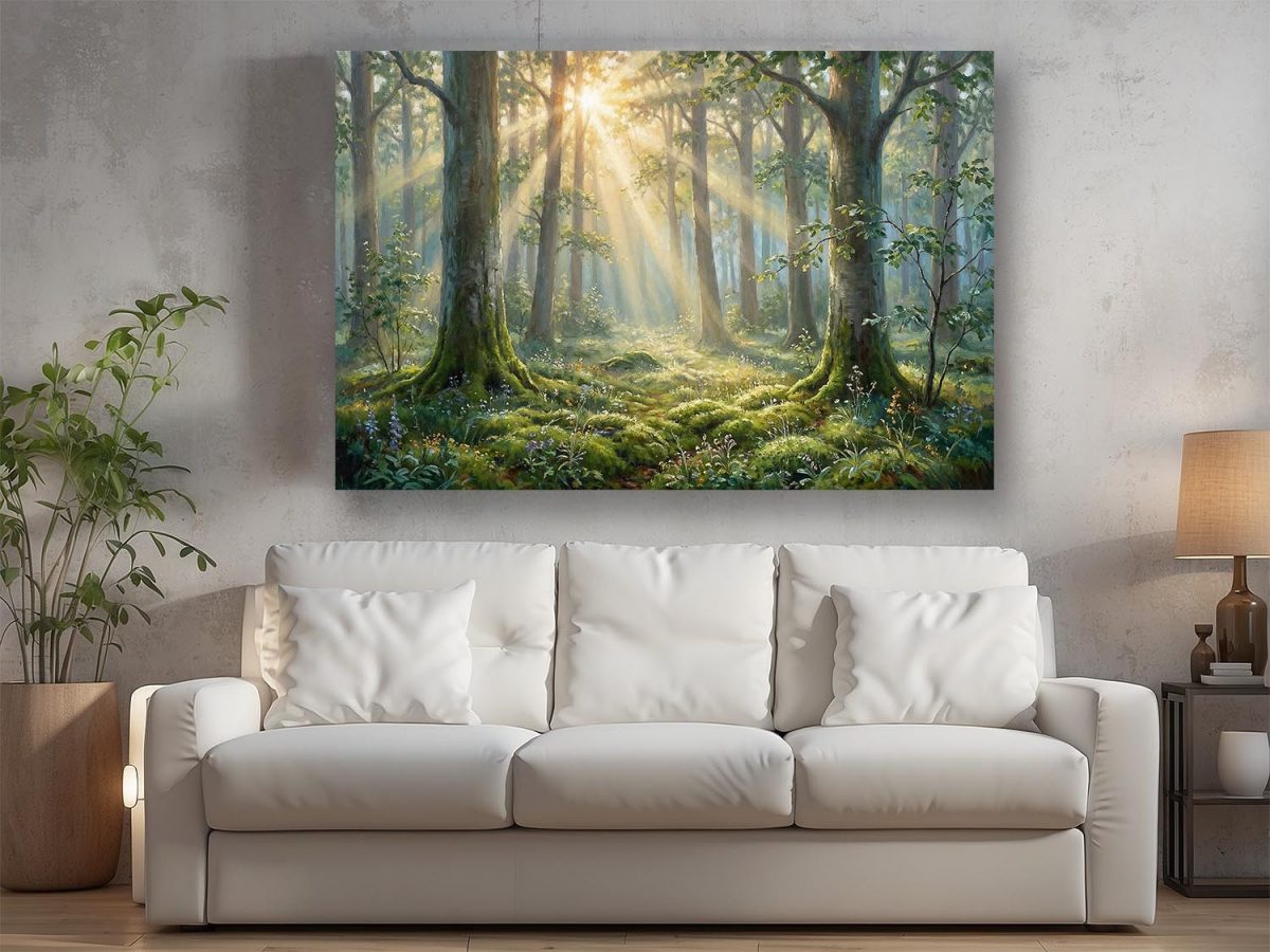 Morgensonne im Wald, Lichtdurchflutetes Bild auf Leinwand