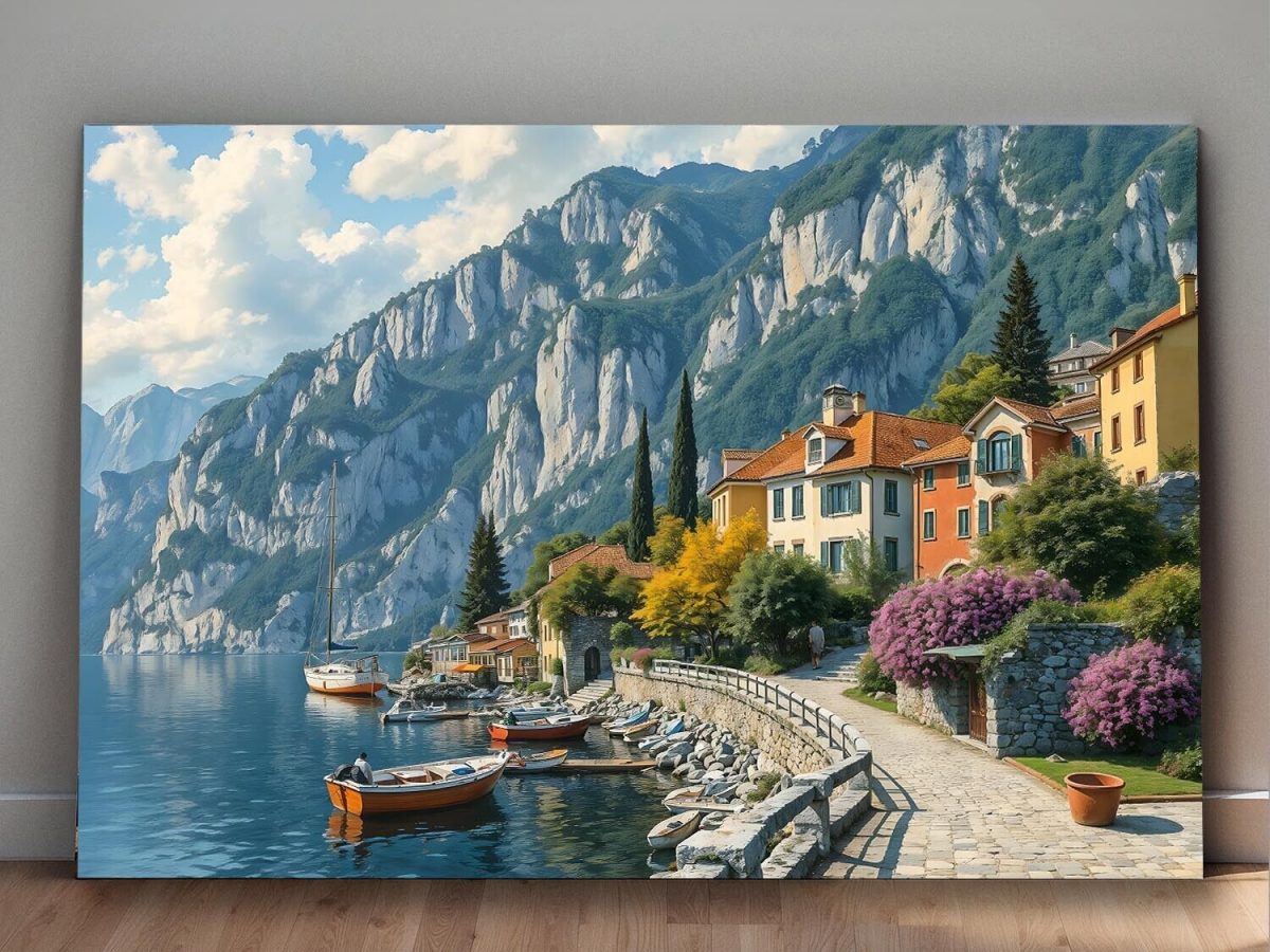 Küstenstadt am Gardasee mit Blick auf die Berge, Digital Art, KI Art