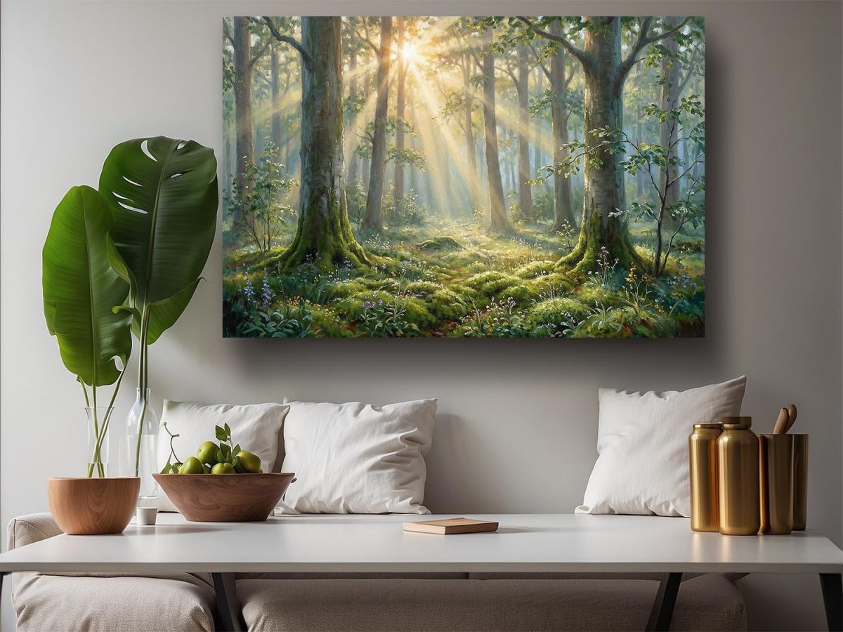 Morgensonne im Wald, Lichtdurchflutetes Bild auf Leinwand