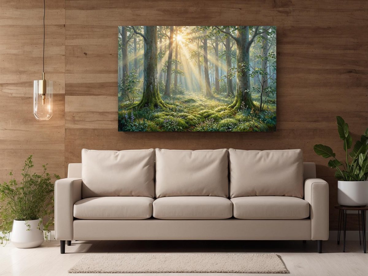 Morgensonne im Wald, Lichtdurchflutetes Bild auf Leinwand