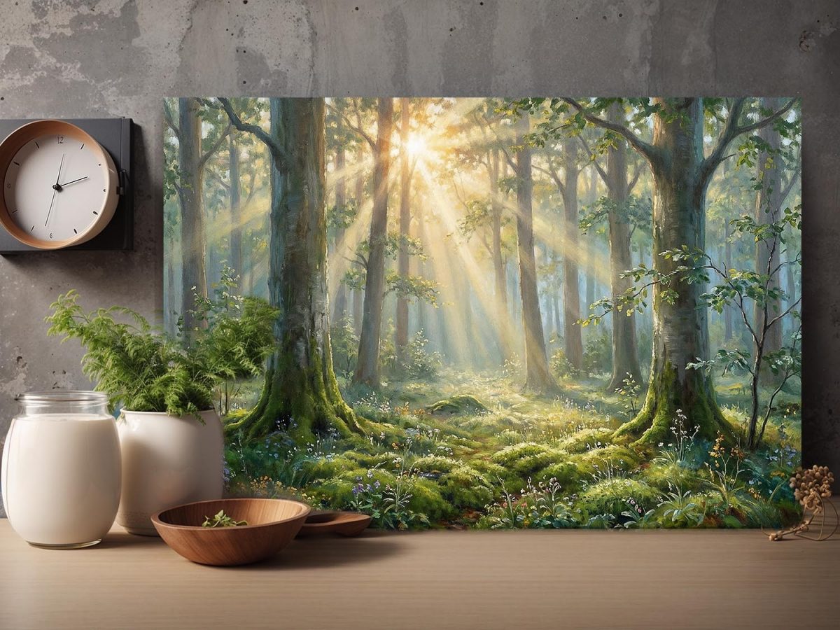 Morgensonne im Wald, Lichtdurchflutetes Bild auf Leinwand