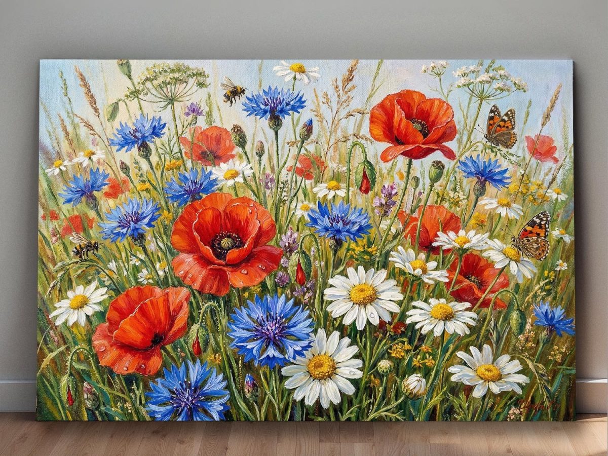 Sommerwiese in voller Blüte, Farbenfroher Druck auf Leinwand