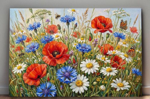 Sommerwiese in voller Blüte, Farbenfroher Druck auf Leinwand