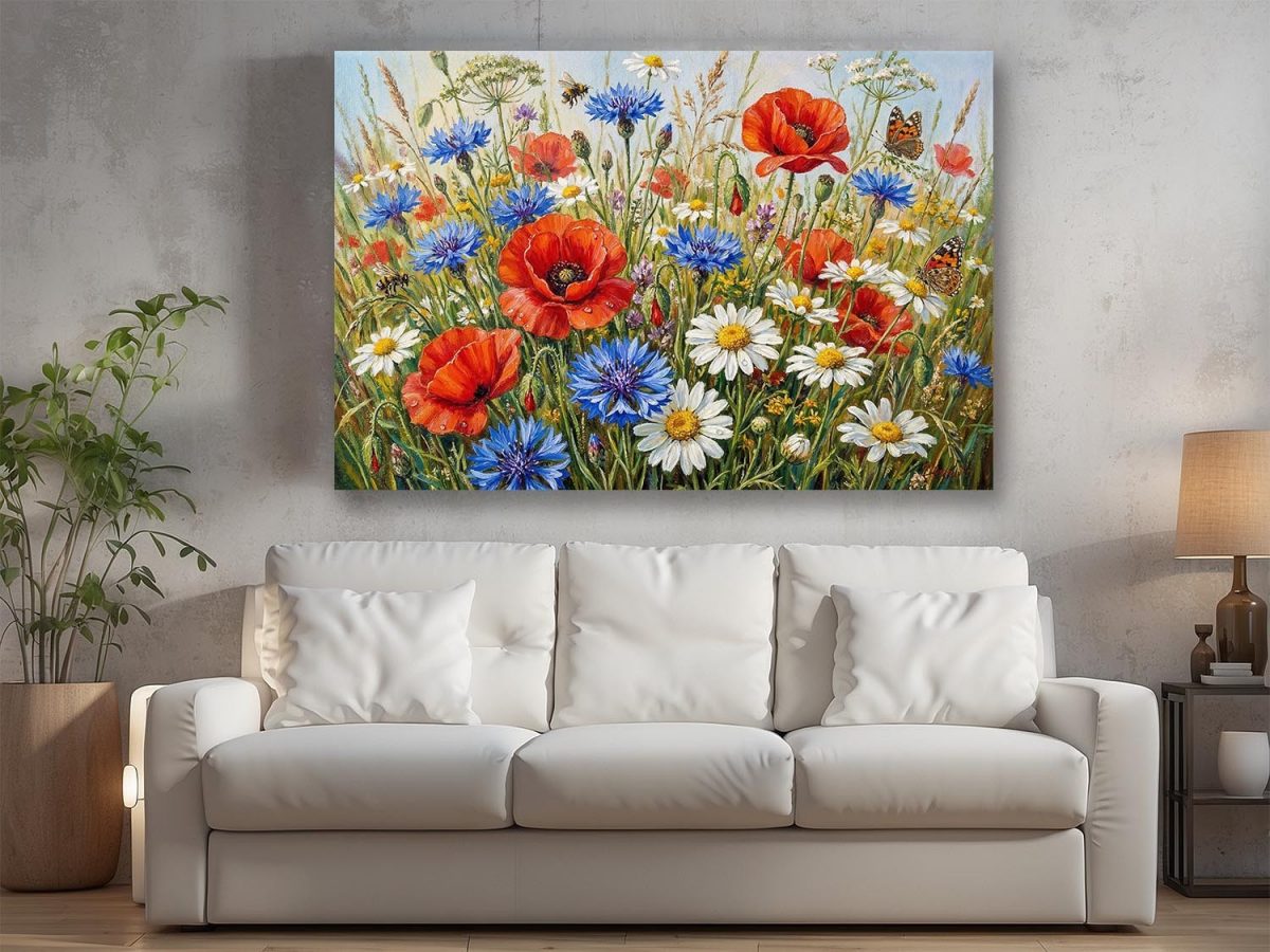 Sommerwiese in voller Blüte, Farbenfroher Druck auf Leinwand