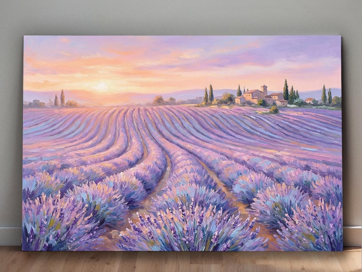 Lavendelfelder im Abendlicht – Harmonisches Landschaftsbild auf Leinwand,