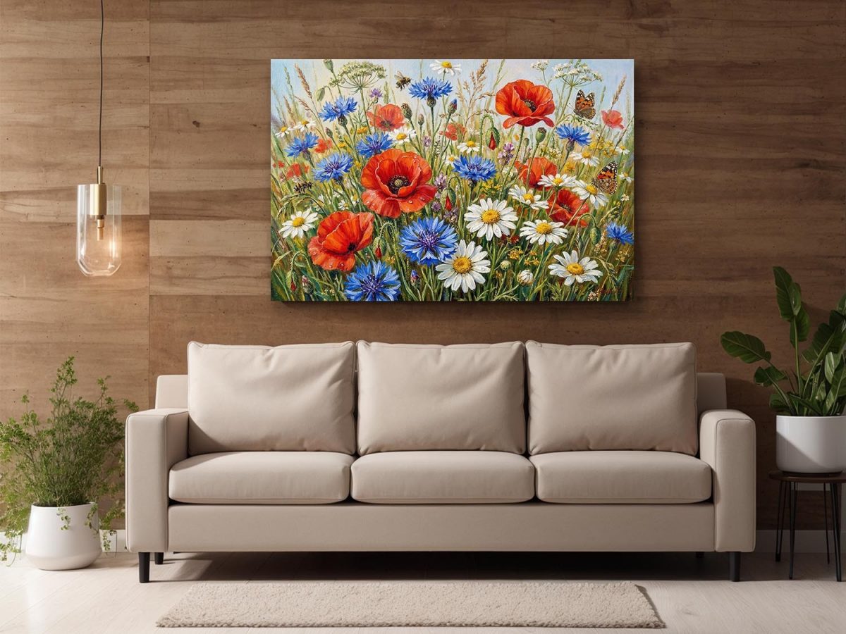 Sommerwiese in voller Blüte, Farbenfroher Druck auf Leinwand