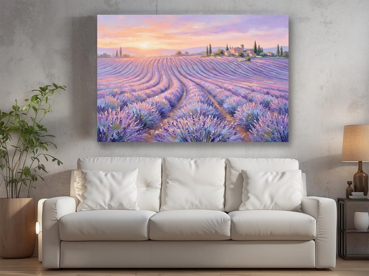 Lavendelfelder im Abendlicht – Harmonisches Landschaftsbild auf Leinwand,