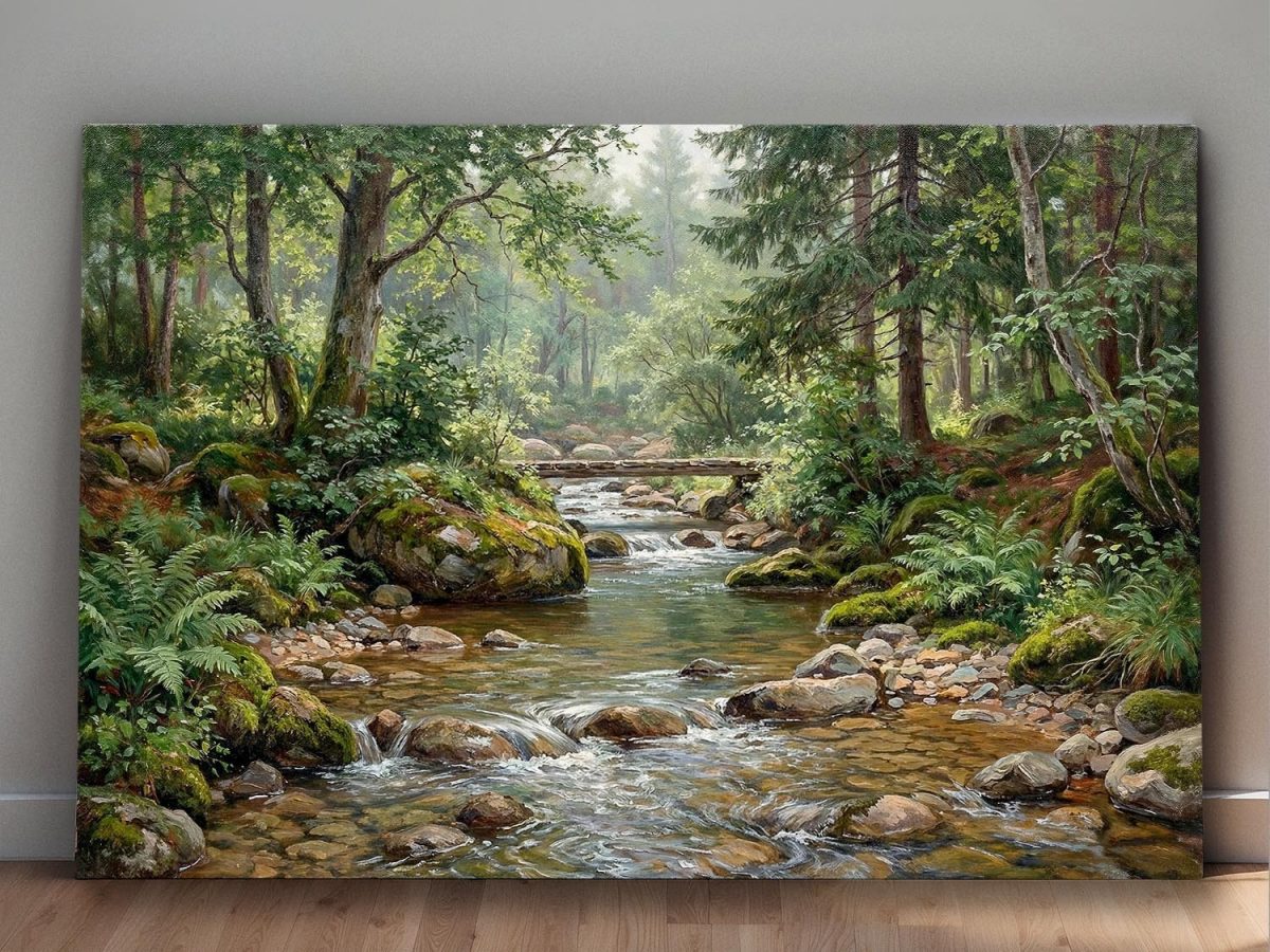 Waldbach im Morgenlicht, Druck auf Leinwand