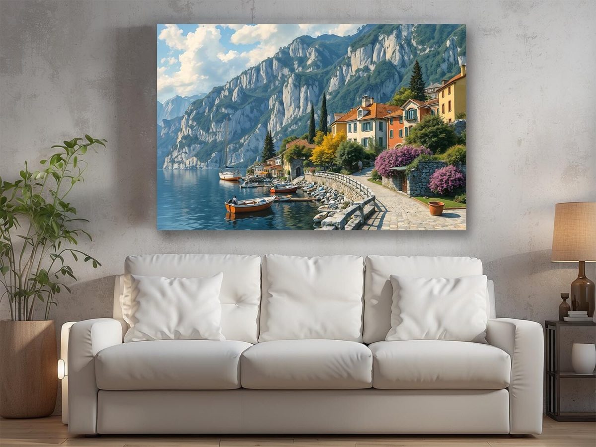 Küstenstadt am Gardasee mit Blick auf die Berge, Digital Art, KI Art