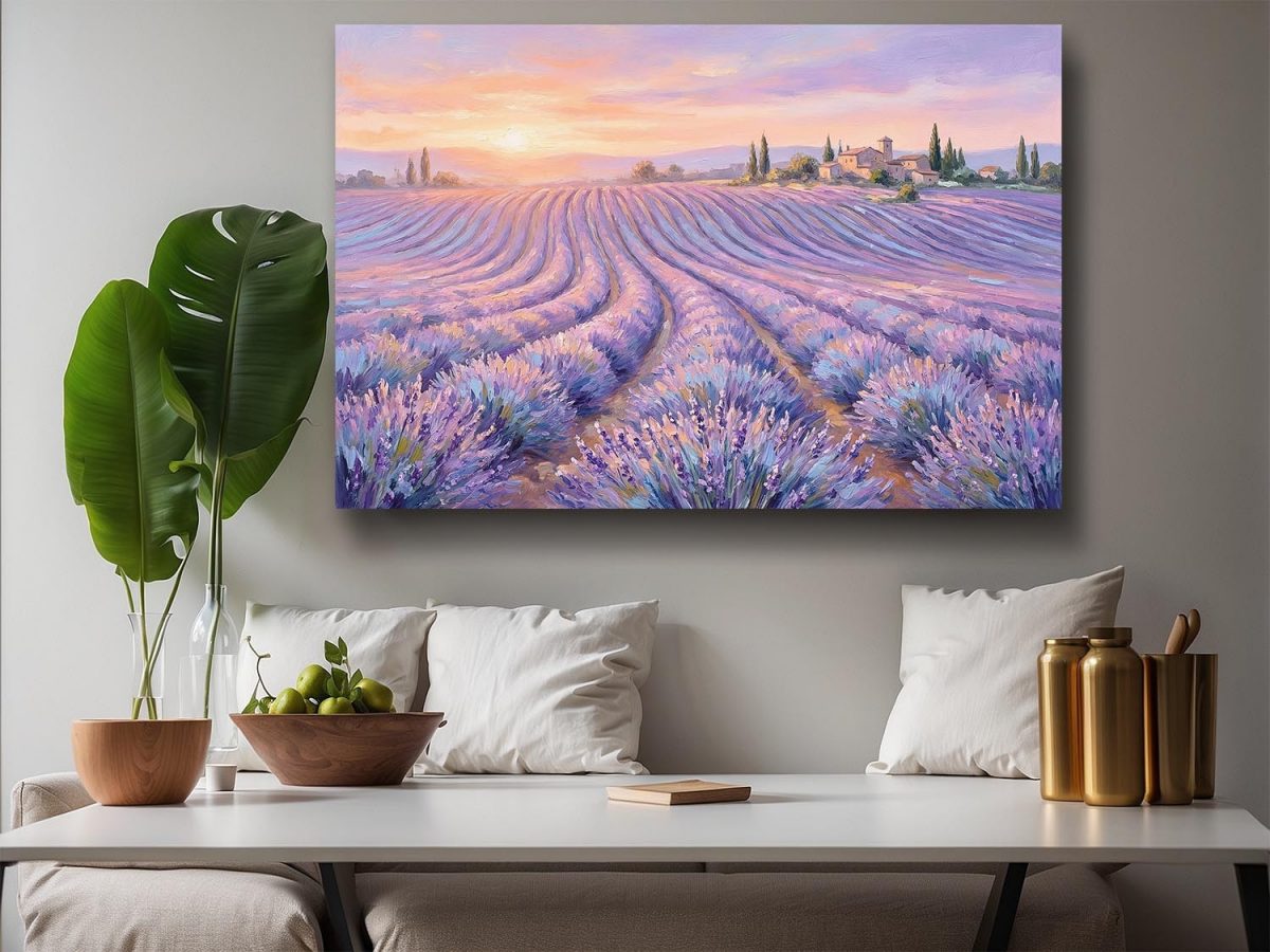 Lavendelfelder im Abendlicht – Harmonisches Landschaftsbild auf Leinwand,