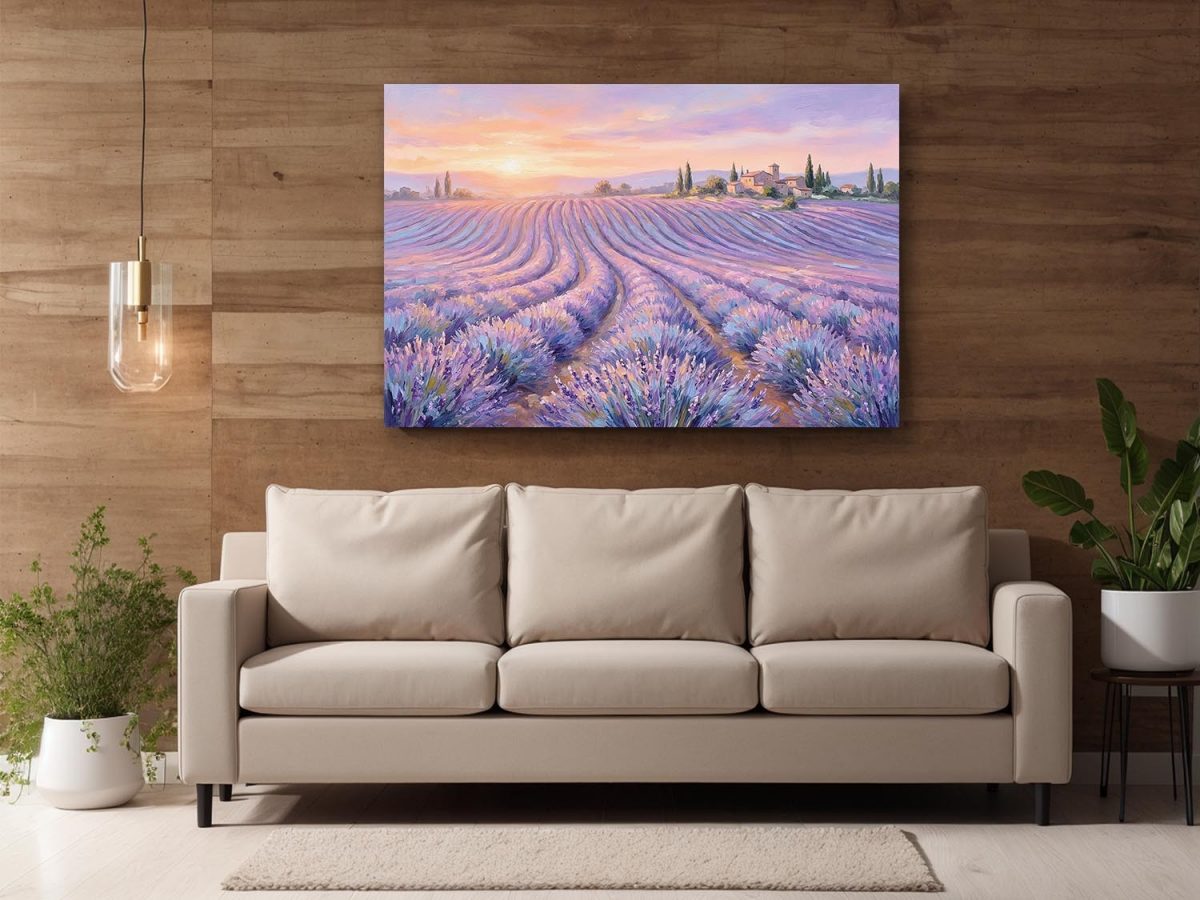Lavendelfelder im Abendlicht – Harmonisches Landschaftsbild auf Leinwand,