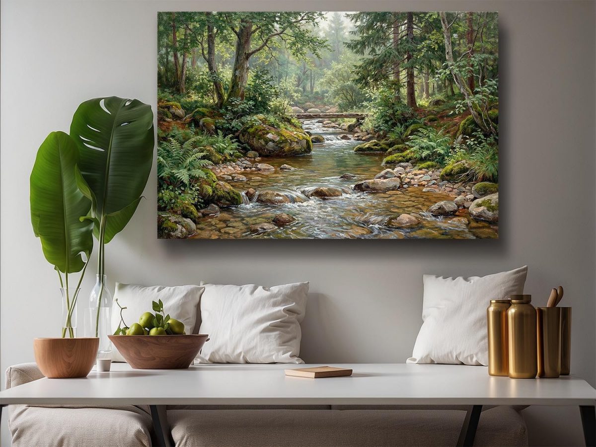 Waldbach im Morgenlicht, Druck auf Leinwand