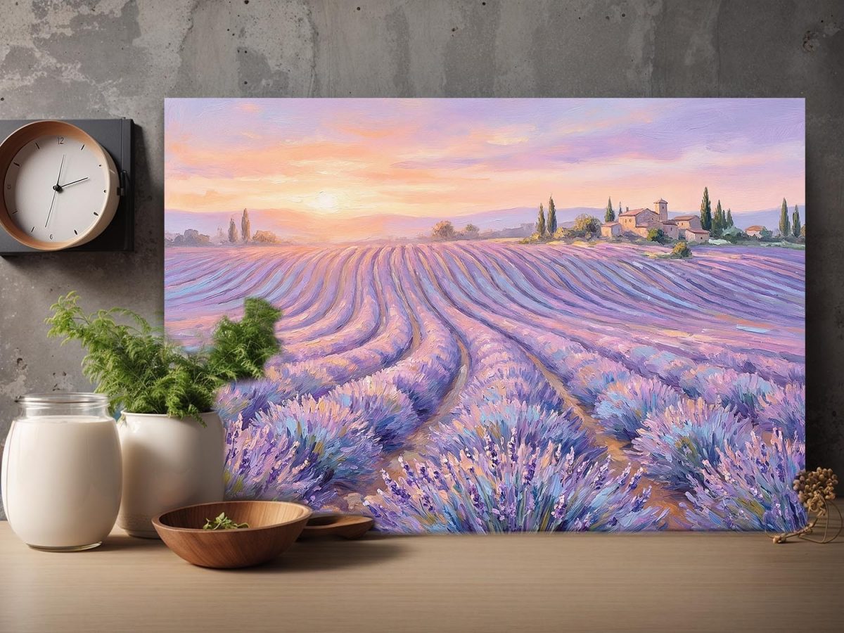 Lavendelfelder im Abendlicht – Harmonisches Landschaftsbild auf Leinwand,