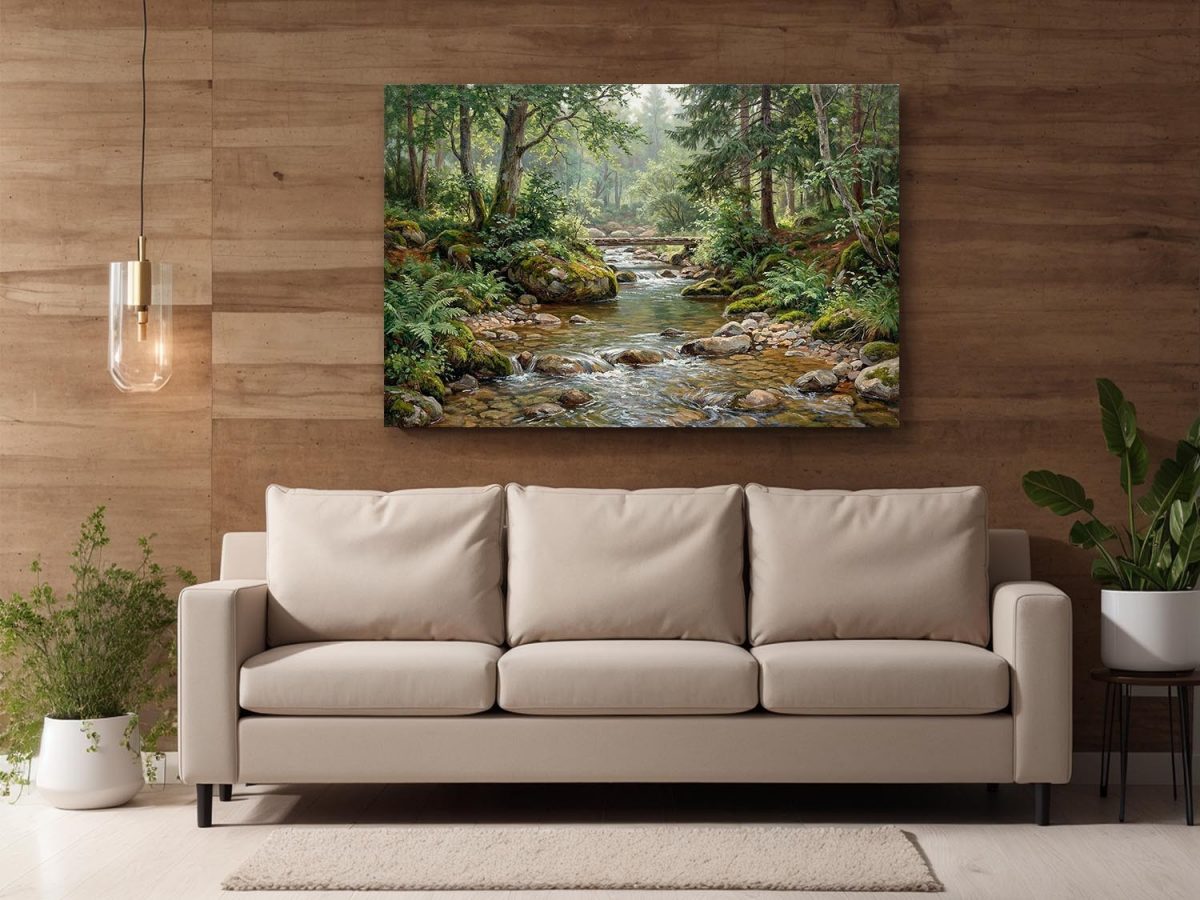 Waldbach im Morgenlicht, Druck auf Leinwand