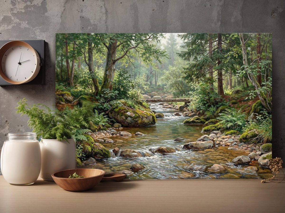 Waldbach im Morgenlicht, Druck auf Leinwand