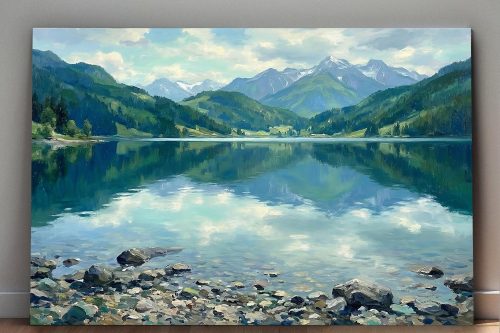 Bergsee im klaren Licht, Ruhiges Landschaftsbild auf Leinwand