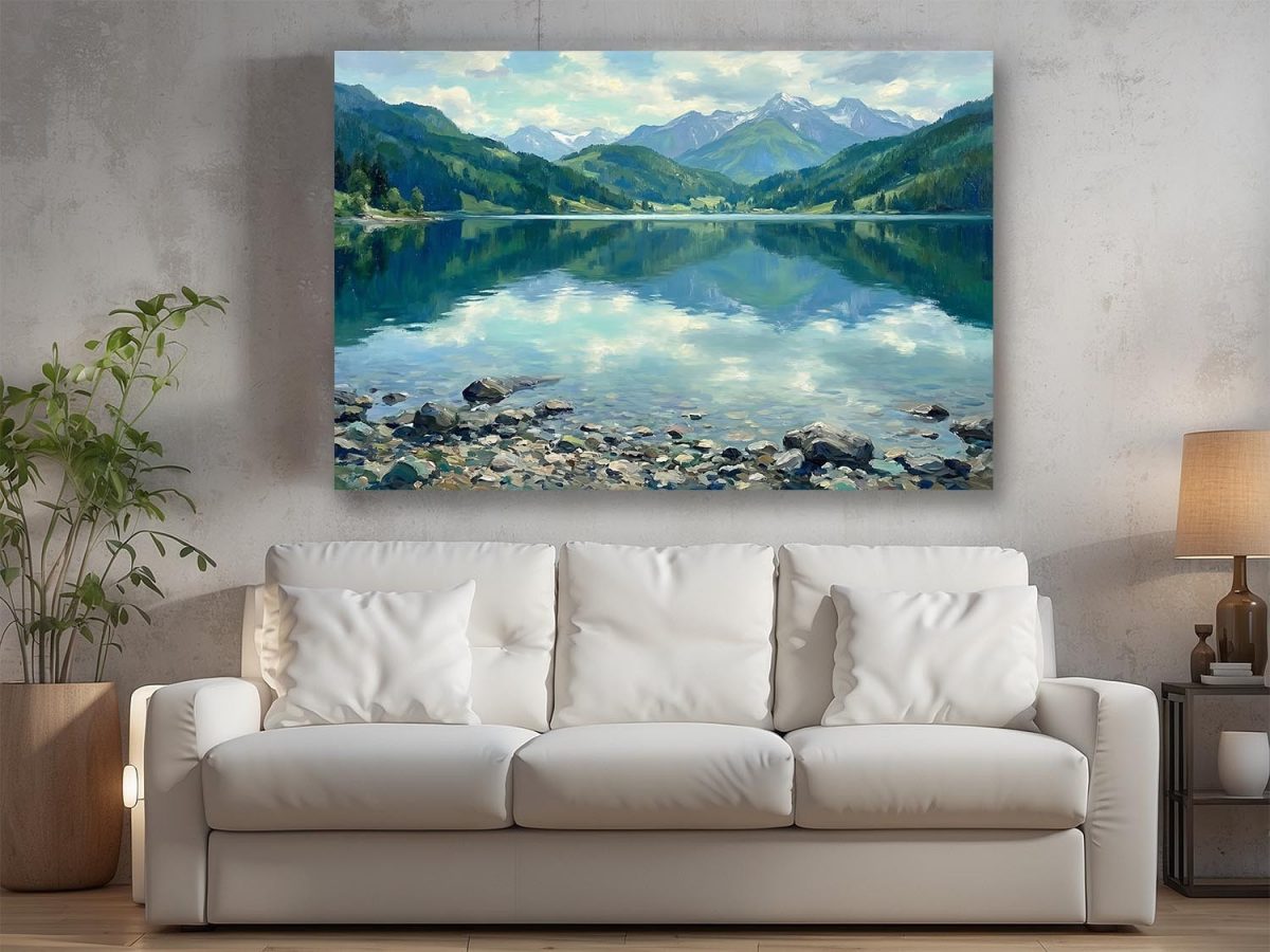 Bergsee im klaren Licht, Ruhiges Landschaftsbild auf Leinwand