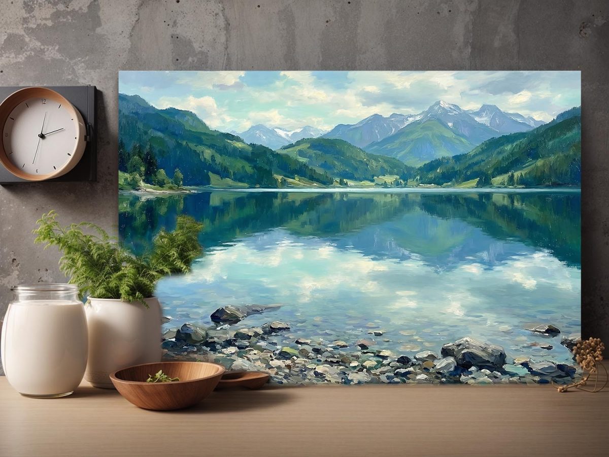Bergsee im klaren Licht, Ruhiges Landschaftsbild auf Leinwand