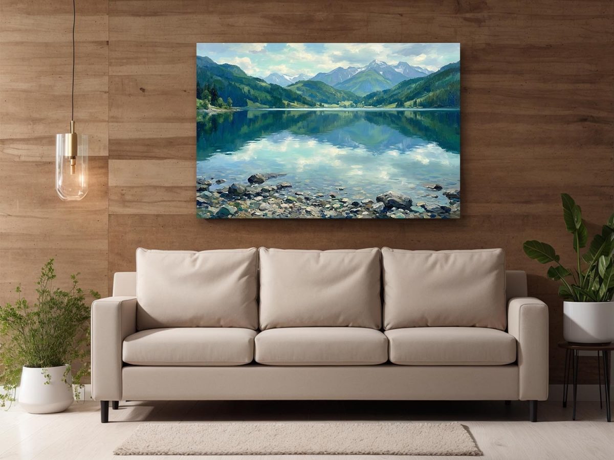 Bergsee im klaren Licht, Ruhiges Landschaftsbild auf Leinwand