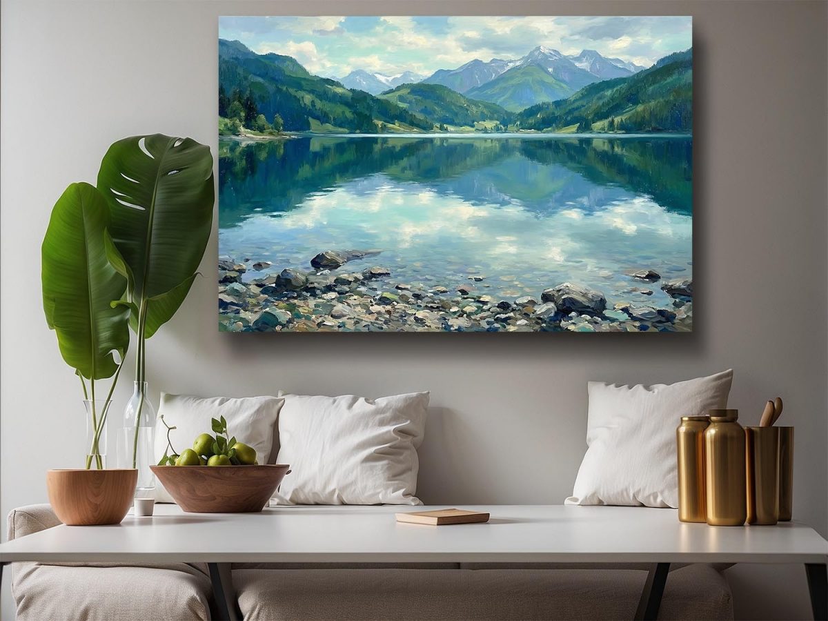 Bergsee im klaren Licht, Ruhiges Landschaftsbild auf Leinwand