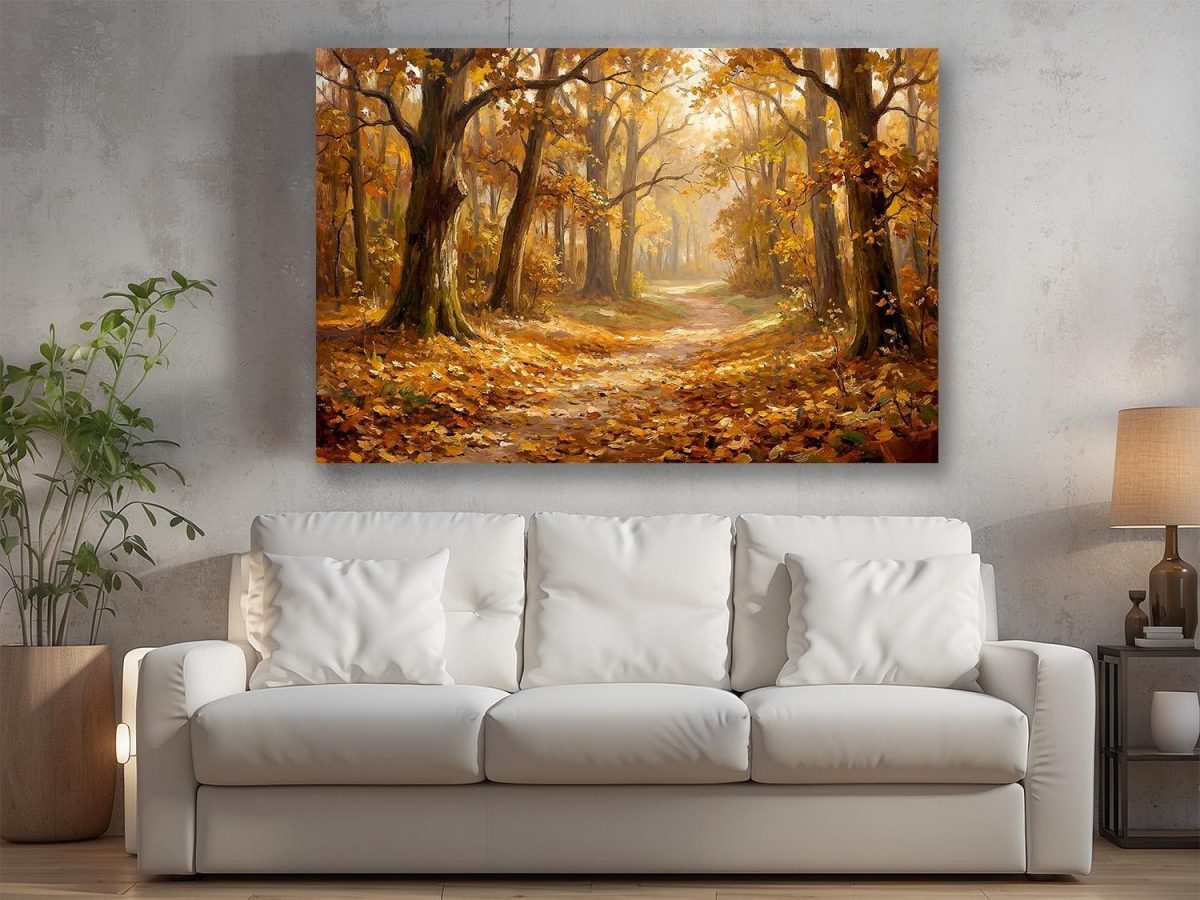 Herbstweg im warmen Licht, Stimmungsvolles Bild auf Leinwand