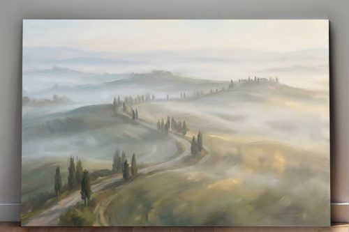 Sanfte Hügel im Morgennebel, Stimmungsvolles Bild auf Leinwand