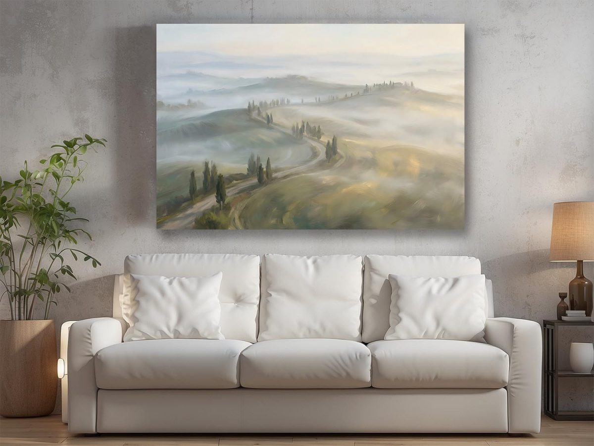 Sanfte Hügel im Morgennebel, Stimmungsvolles Bild auf Leinwand