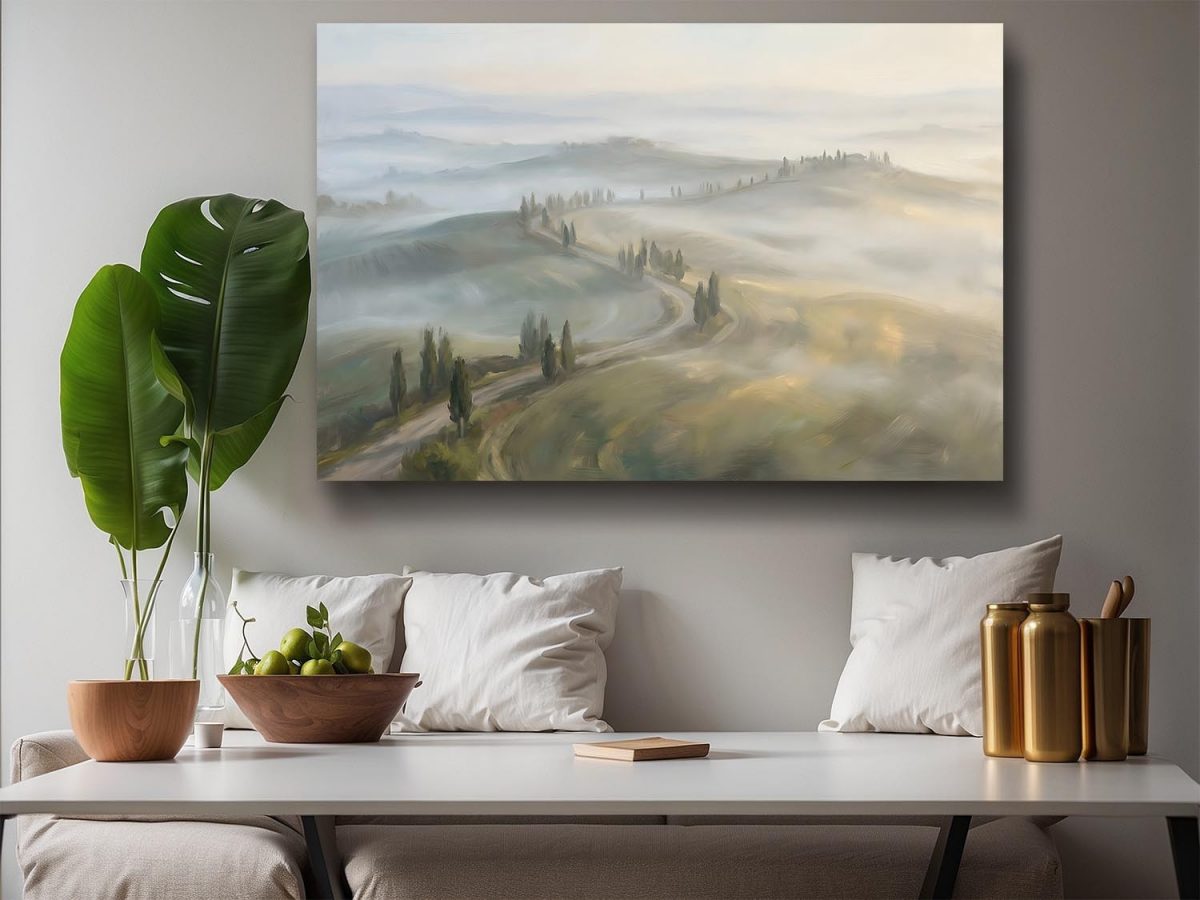 Sanfte Hügel im Morgennebel, Stimmungsvolles Bild auf Leinwand