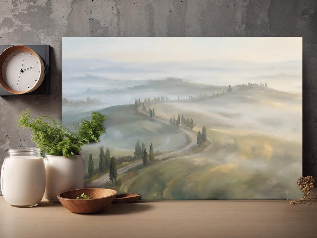 Sanfte Hügel im Morgennebel, Stimmungsvolles Bild auf Leinwand