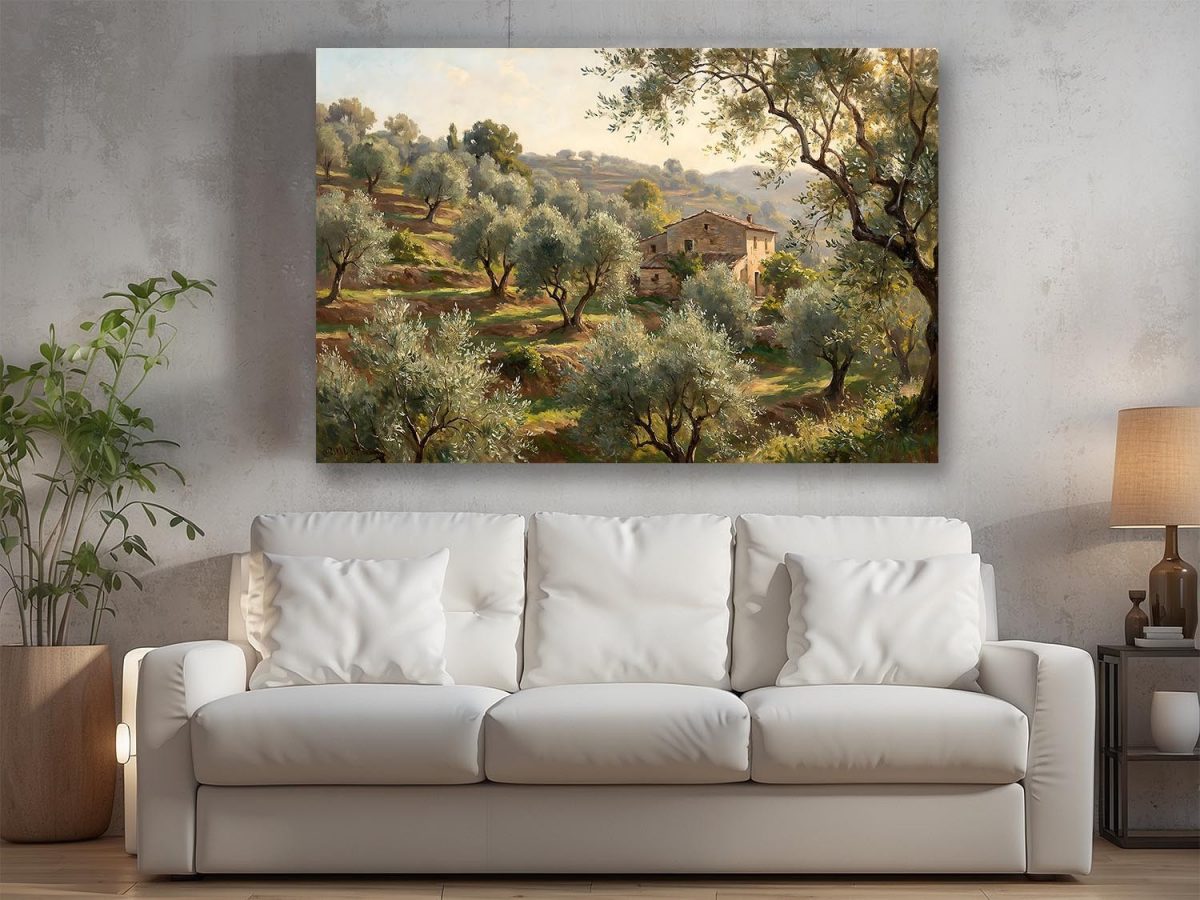 Olivenhain im warmen Abendlicht - Harmonisches Bild auf Leinwand