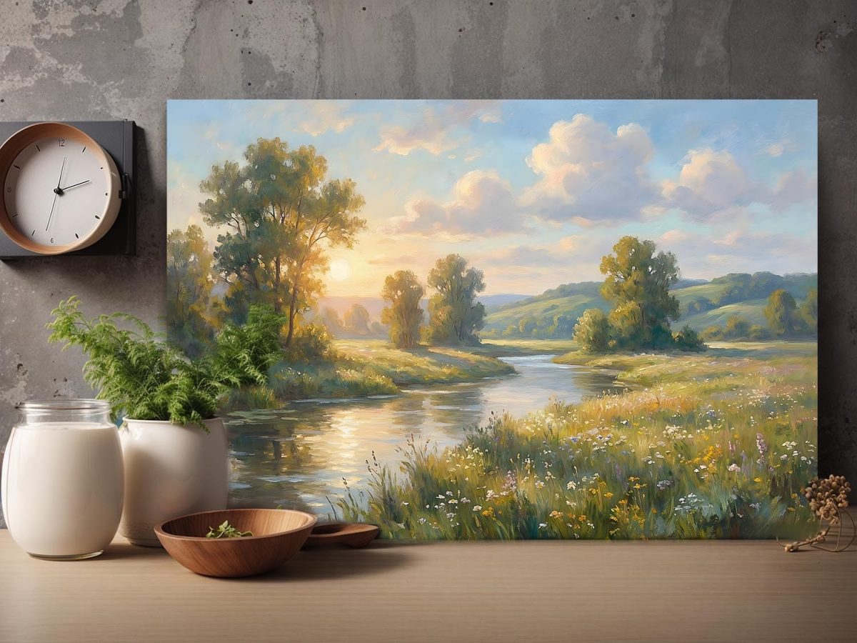 Flusslandschaft im Abendlicht - Harmonisches Bild auf Leinwand