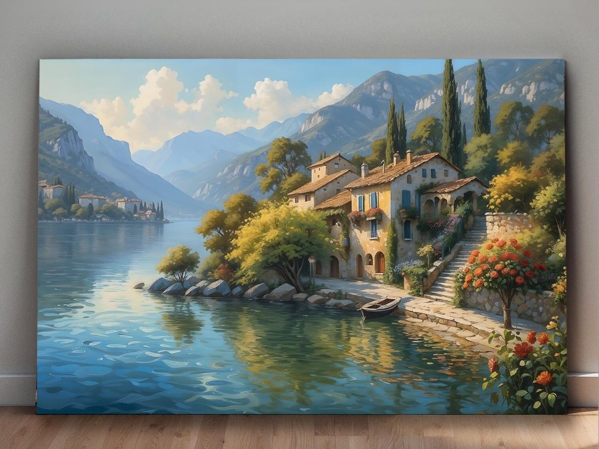 Uferhaus am Gardasee mit Blick auf die Berge, Digital Art, KI Art