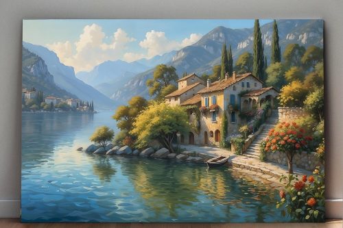 Uferhaus am Gardasee mit Blick auf die Berge, Digital Art, KI Art