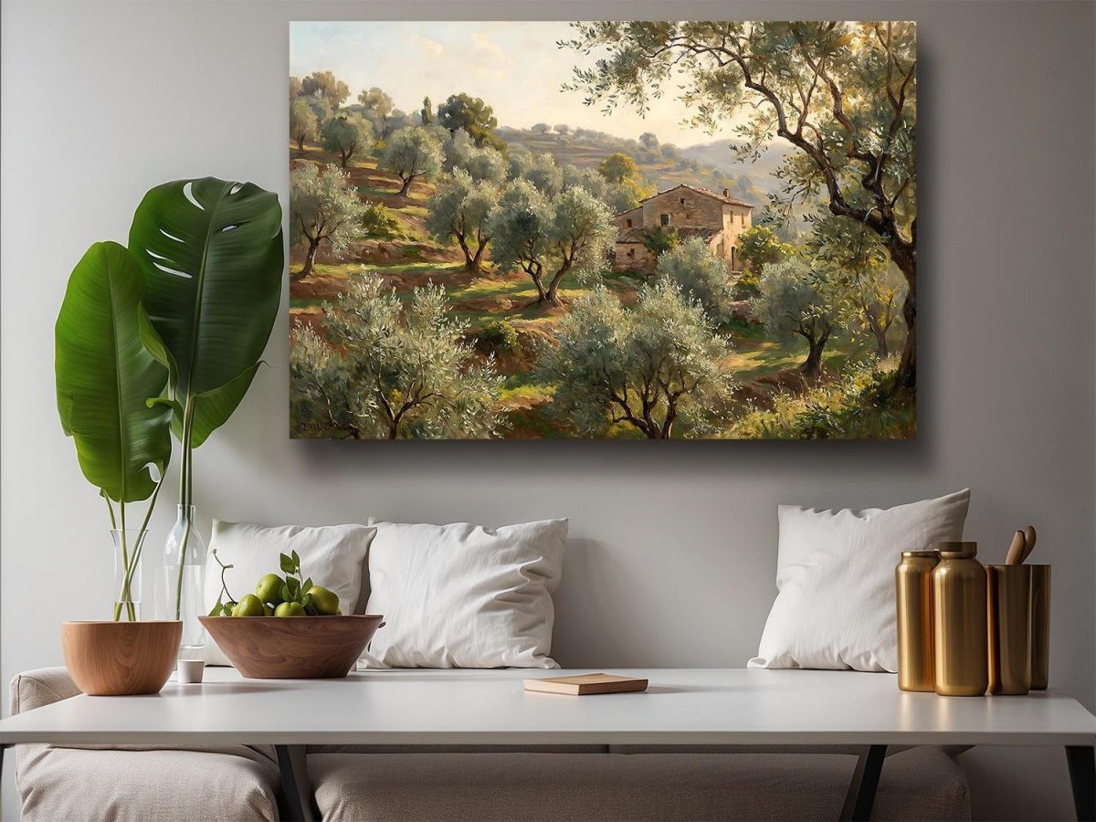 Olivenhain im warmen Abendlicht - Harmonisches Bild auf Leinwand