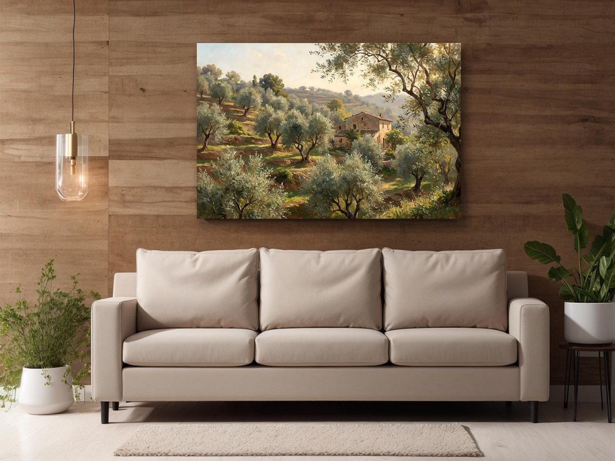 Olivenhain im warmen Abendlicht - Harmonisches Bild auf Leinwand