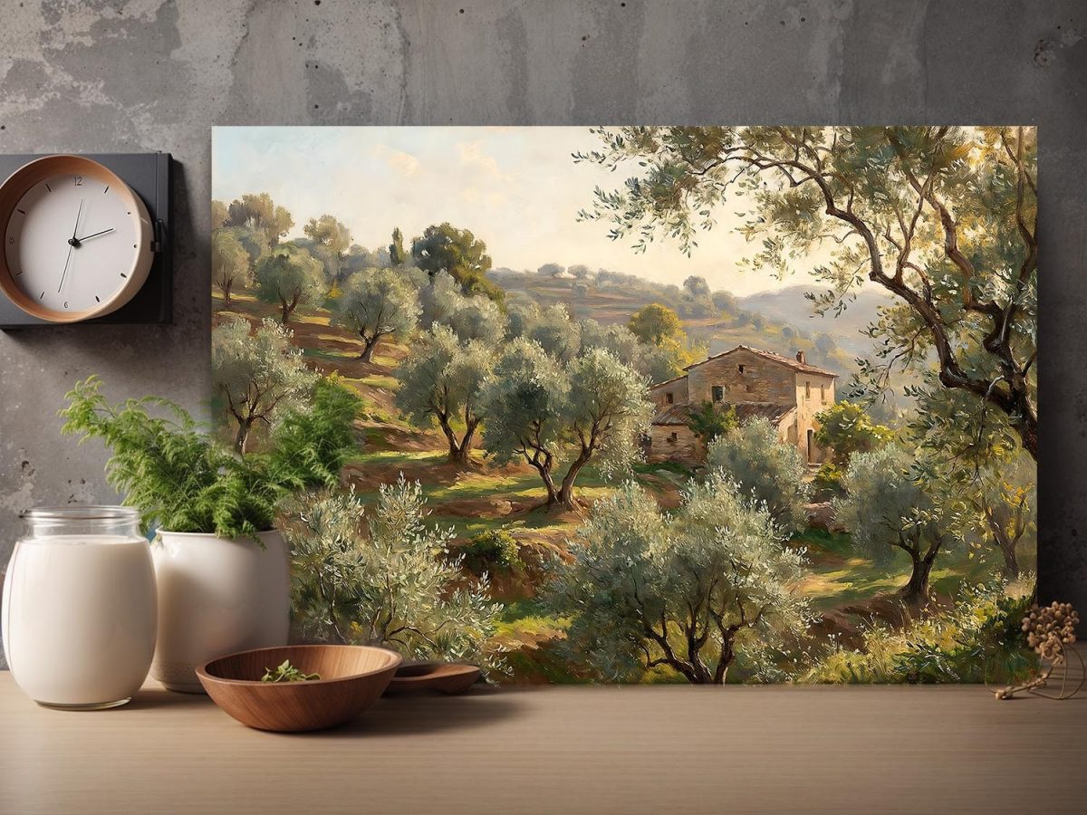 Olivenhain im warmen Abendlicht - Harmonisches Bild auf Leinwand