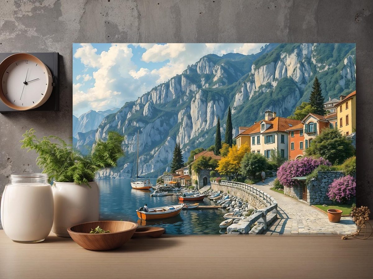 Küstenstadt am Gardasee mit Blick auf die Berge, Digital Art, KI Art