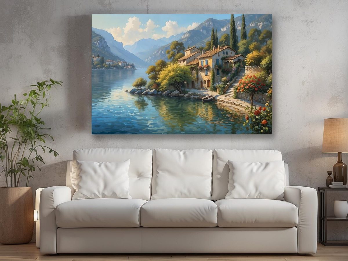 Uferhaus am Gardasee mit Blick auf die Berge, Digital Art, KI Art