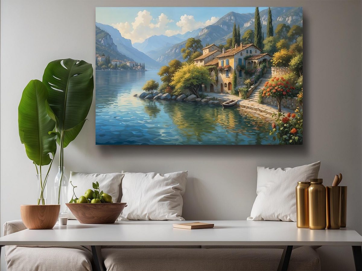 Uferhaus am Gardasee mit Blick auf die Berge, Digital Art, KI Art