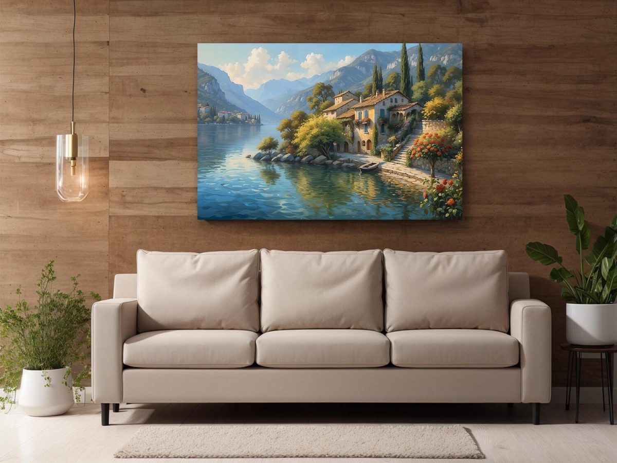 Uferhaus am Gardasee mit Blick auf die Berge, Digital Art, KI Art